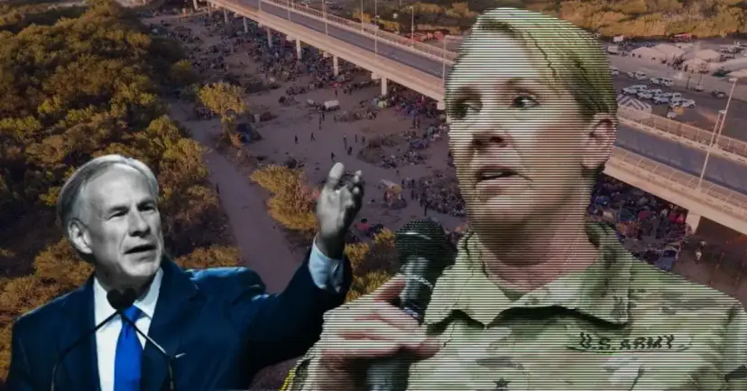A man speaking at a lectern and a uniformed Army officer holding a microphone over a flooded river