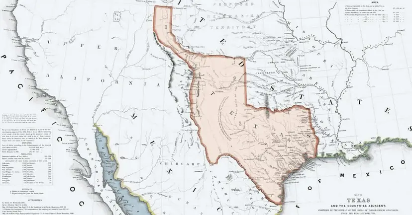 A nineteenth-century map of Texas and neighboring lands, with the full territory claimed by the Republic of Texas shaded.