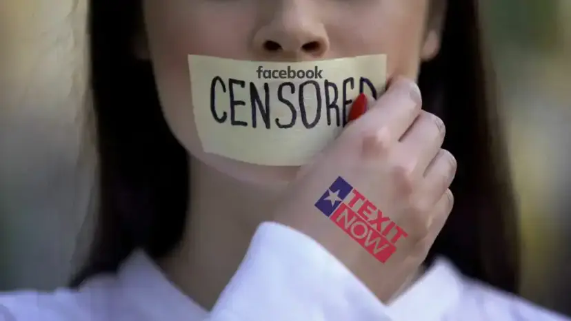 Woman with tape reading 'Facebook Censored' over her mouth and a TEXIT NOW logo on her hand