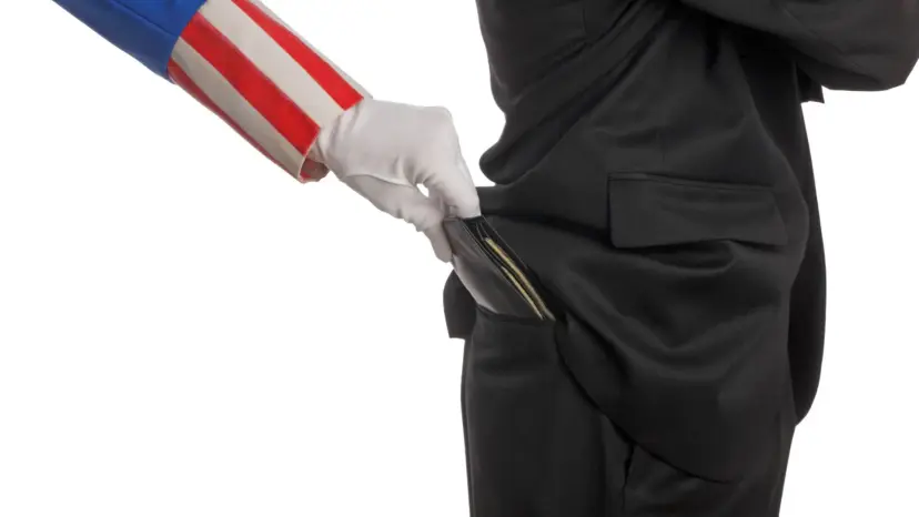 Uncle Sam's gloved hand reaching into the back pocket of a man in a dark suit