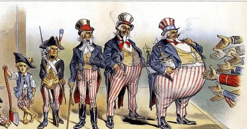Vintage political cartoon of Uncle Sam growing fatter over time as many hands reach toward him.