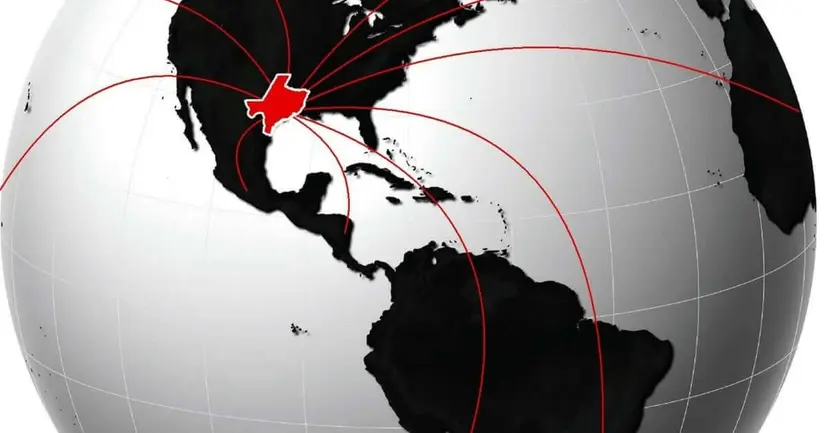 Globe with Texas highlighted in red and red lines radiating from it to points across the world.