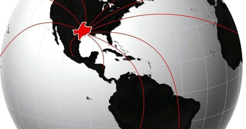 Globe with Texas highlighted in red and red lines radiating from it to points across the world.