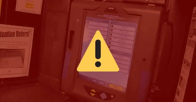 A yellow warning symbol over a red-tinted electronic voting machine and an 'Attention Voters' sign.