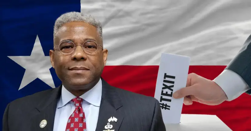Allen West in a suit before a Texas flag, with a hand holding a ballot card reading 'TEXIT.'