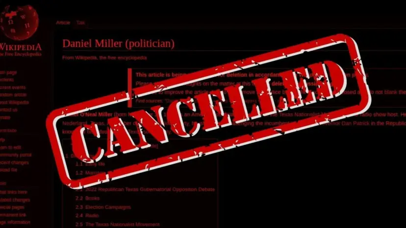 Wikipedia page for Daniel Miller (politician) with a large red rubber stamp across it