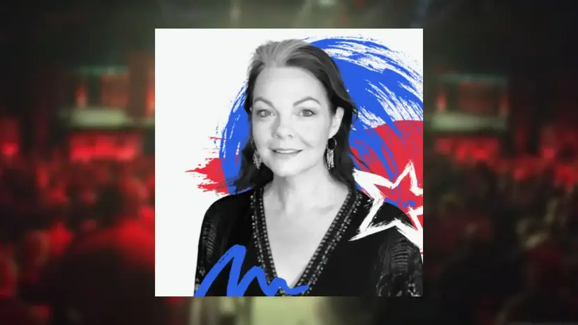 Black and white portrait of Jacquie Baker over red and blue brushstrokes and a white star.