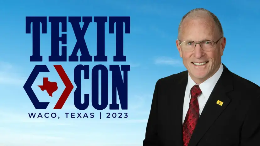 Senator Bob Hall smiling in a suit beside the TEXITCON logo reading 'Waco, Texas 2023.'