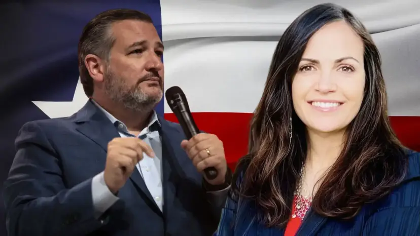 Senator Ted Cruz holding a microphone beside a smiling Christine Kalmbach, over a Texas flag.