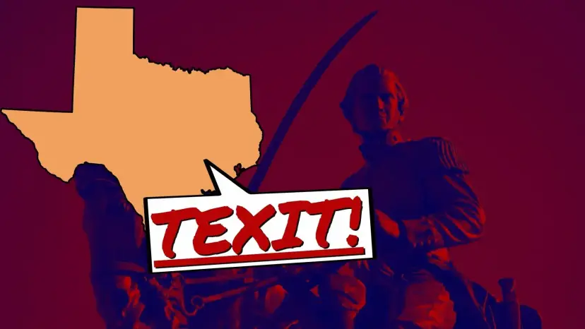 A Texas outline and a speech bubble reading 'TEXIT!' over a red tinted image of a figure raising a sword.