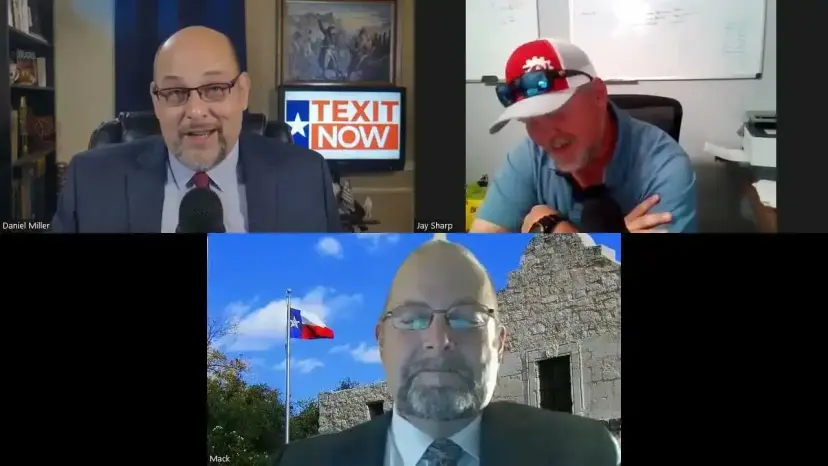Video call with Daniel Miller by a TEXIT Now screen, Jay Sharp, and Mack Dunkin before an Alamo backdrop.