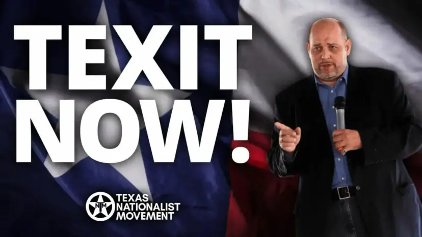 Daniel Miller holds a microphone beside large text reading 'TEXIT Now!' over a Texas flag.