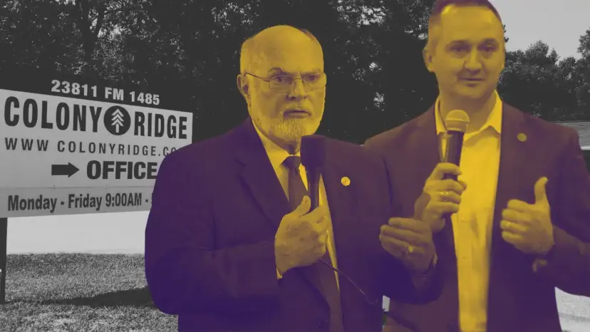 Two men in suits with microphones stand in front of a Colony Ridge office sign, one giving a thumbs up.