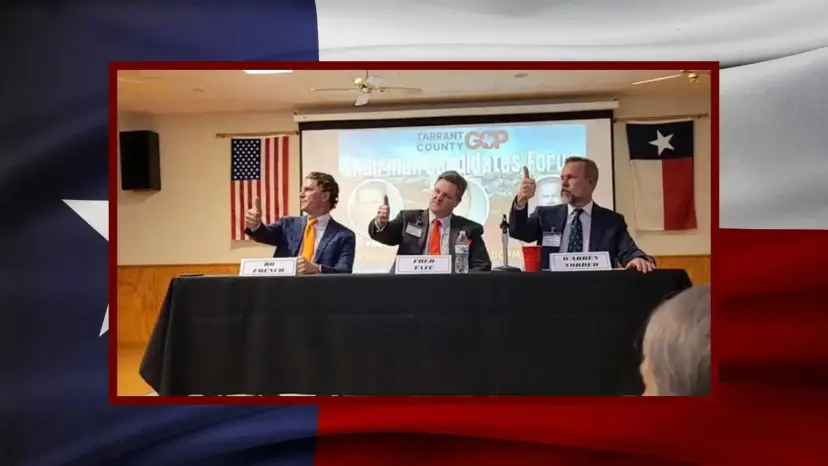Three candidates give a thumbs up at a Tarrant County GOP chairman forum, framed over a Texas flag.