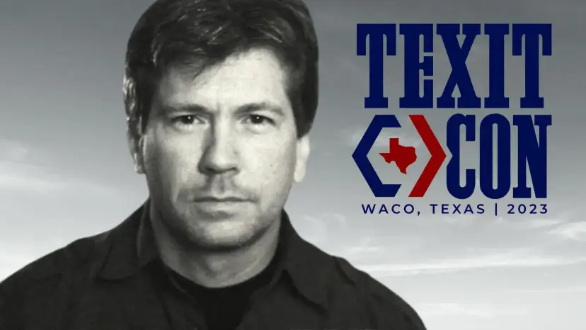 Black and white portrait of J.D. Wilcox beside the TEXITCON logo reading 'Waco, Texas 2023.'