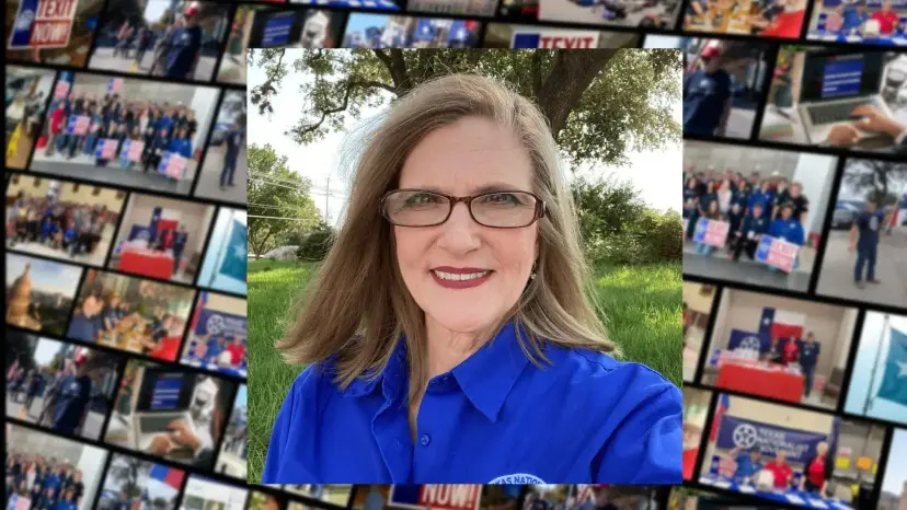 Cara Miller smiling in a blue shirt, set against a collage of Texas Nationalist Movement event photos.