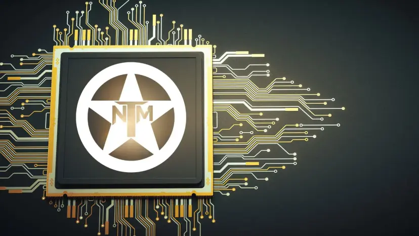 The Texas Nationalist Movement star logo on a computer chip surrounded by gold circuit traces.