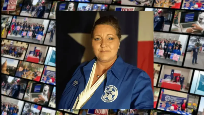 Regina Ross in a blue TNM shirt in front of a Texas flag and a collage of event photos.