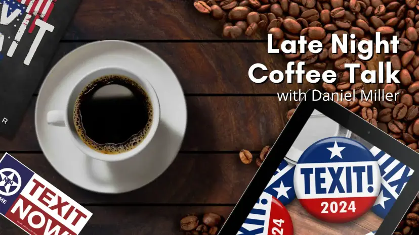 Graphic reading 'Late Night Coffee Talk with Daniel Miller' with a coffee cup and a TEXIT 2024 button.
