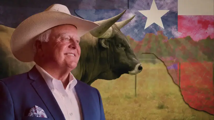 Texas Agriculture Commissioner Sid Miller in a white cowboy hat beside a longhorn bull and a Texas flag.