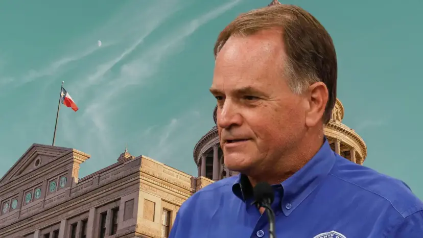 State Representative Steve Toth speaking at a microphone in a blue shirt in front of the Texas Capitol.