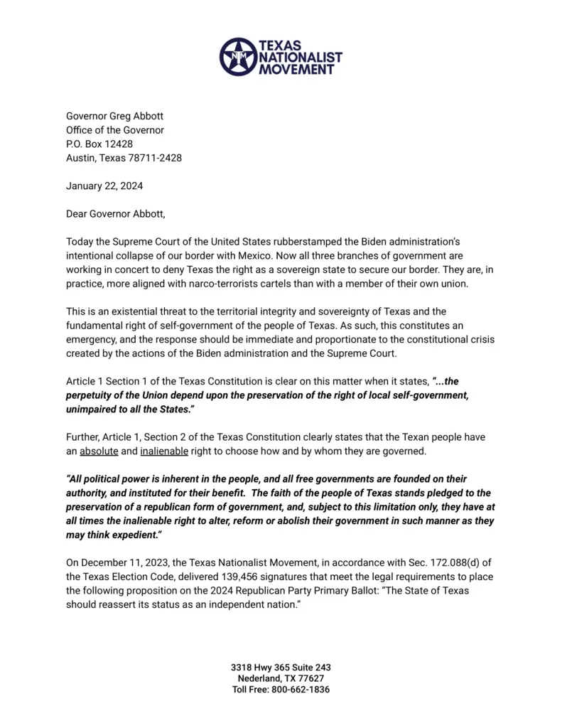 First page of a TNM open letter to Governor Greg Abbott, dated January 22, 2024, on the border ruling.