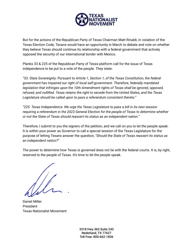 Second page of a TNM open letter to Governor Abbott asking for a special session, signed by Daniel Miller.