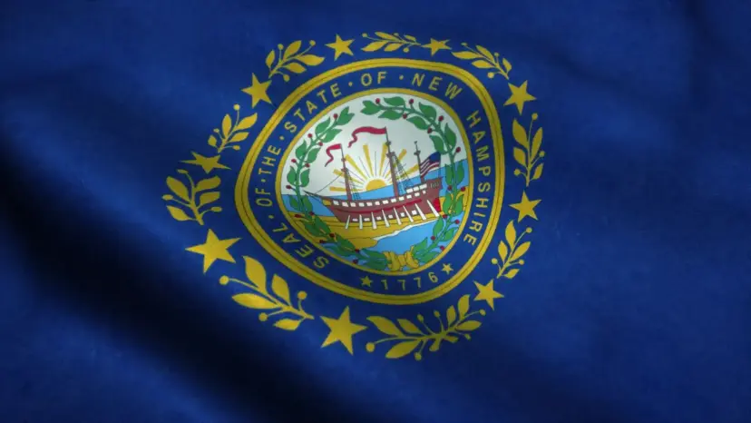 The blue New Hampshire state flag with its gold-trimmed seal showing a sailing ship, waving.