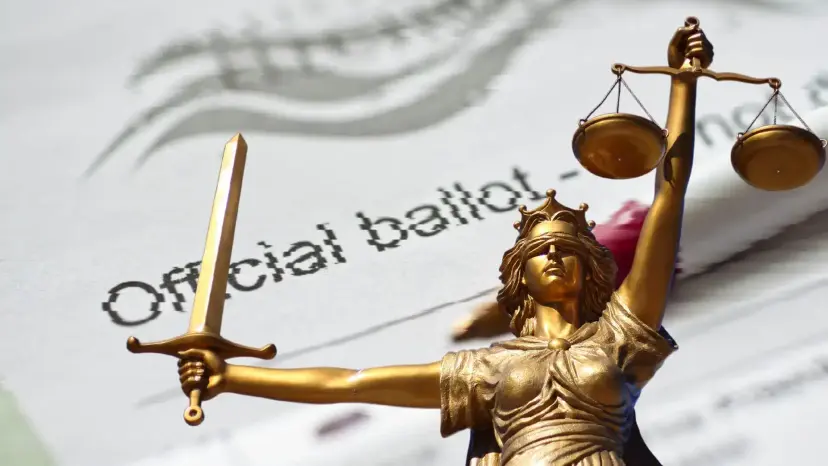 A gold statue of Lady Justice holding scales and a sword over a printed official ballot.