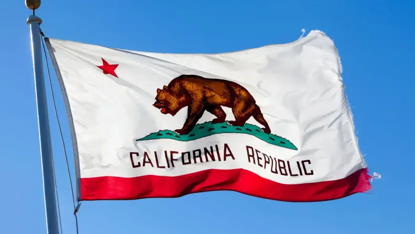 The California state flag, a brown bear and red star above the words 'California Republic,' waving against a blue sky.