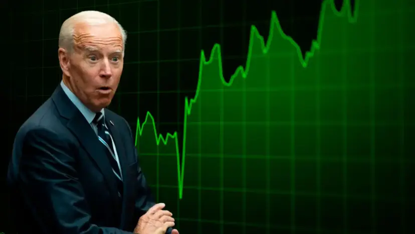 An older man in a suit looks surprised beside a green line chart climbing upward.