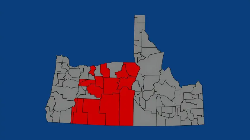 County map of Oregon and Idaho, with eastern Oregon counties shaded red to show the proposed Greater Idaho border.