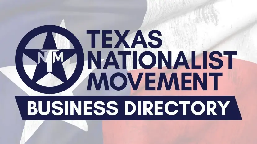 Logo reading 'Texas Nationalist Movement Business Directory' over a faded Texas flag.