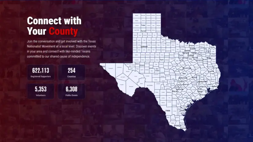 Graphic reading 'Connect with Your County' beside a white map of Texas counties and movement statistics.