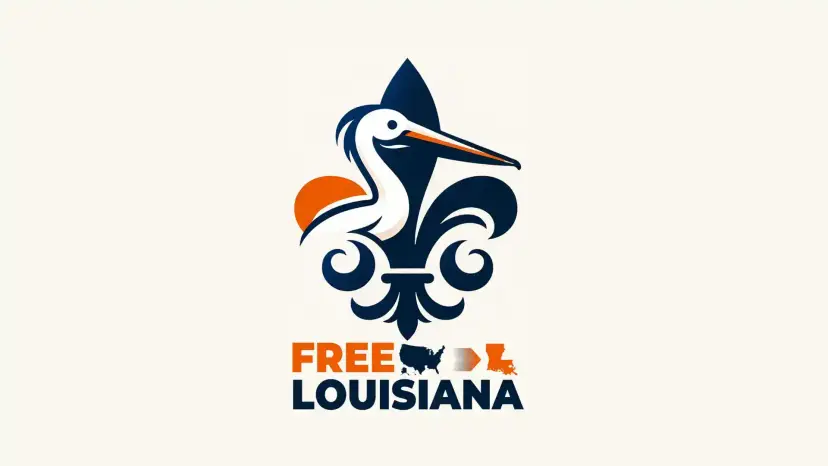 Free Louisiana logo showing a pelican shaped into a fleur-de-lis above the words 'Free Louisiana.'