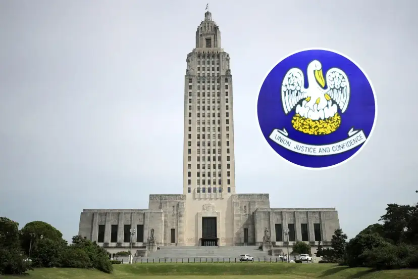 The Louisiana State Capitol tower with an inset of the state flag's pelican emblem and motto 'Union, Justice and Confidence.'