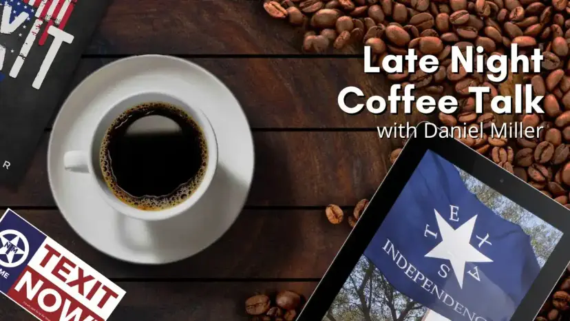 Graphic reading 'Late Night Coffee Talk with Daniel Miller' with coffee, a TEXIT Now sticker and a tablet.