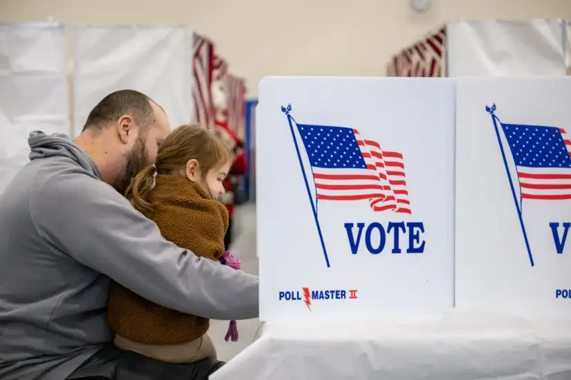 A man holds a young girl on his lap as he marks a ballot in a voting booth labeled 'Vote.'