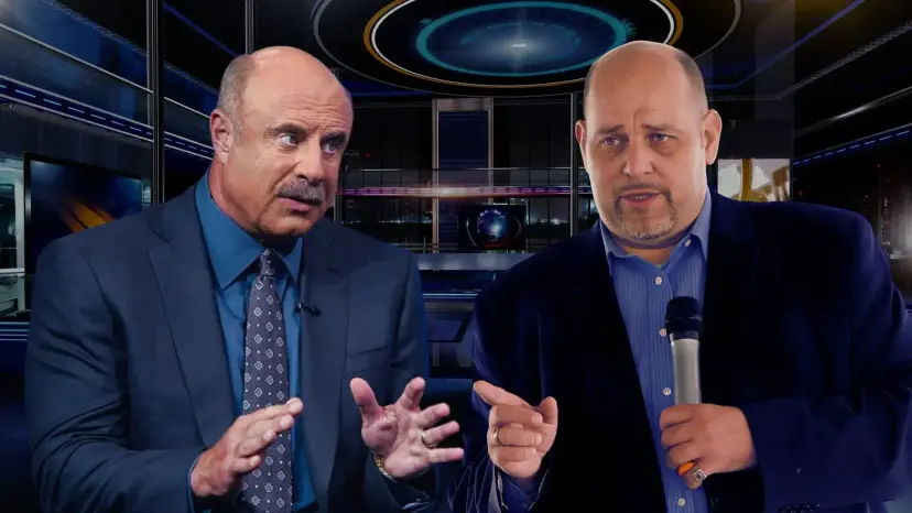 Dr. Phil gesturing on a TV studio set beside a bald man in a blazer holding a microphone.