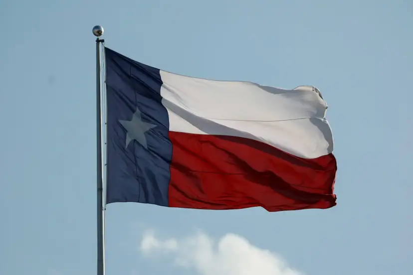 A Texas flag flying from a tall flagpole against a blue sky with a small white cloud below.