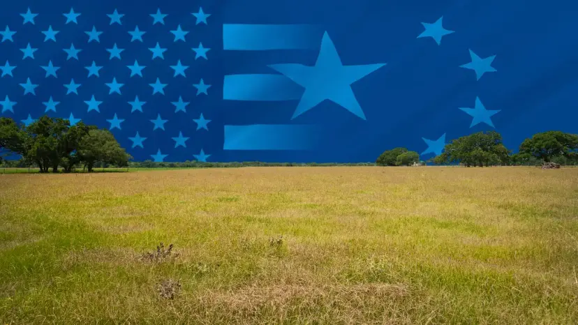 Open Texas pasture beneath a sky blended with American flag stars and a large star pattern in blue.