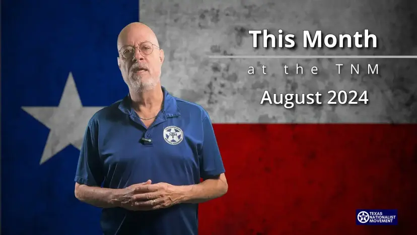 A man in a blue TNM polo before a weathered Texas flag, titled 'This Month at the TNM, August 2024.'