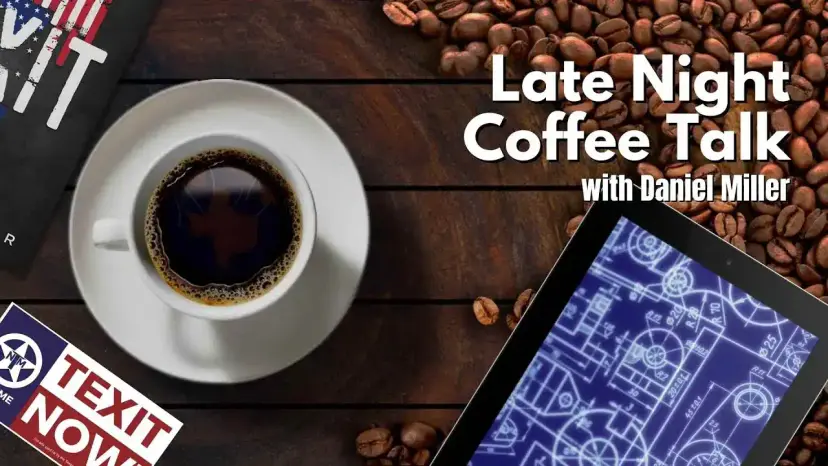 Late Night Coffee Talk with Daniel Miller title card, a Texas shape in the coffee and a blueprint tablet.