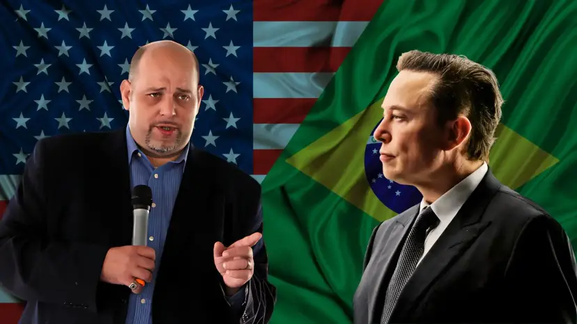 A man with a microphone before an American flag, facing a man in a dark suit before a Brazilian flag.