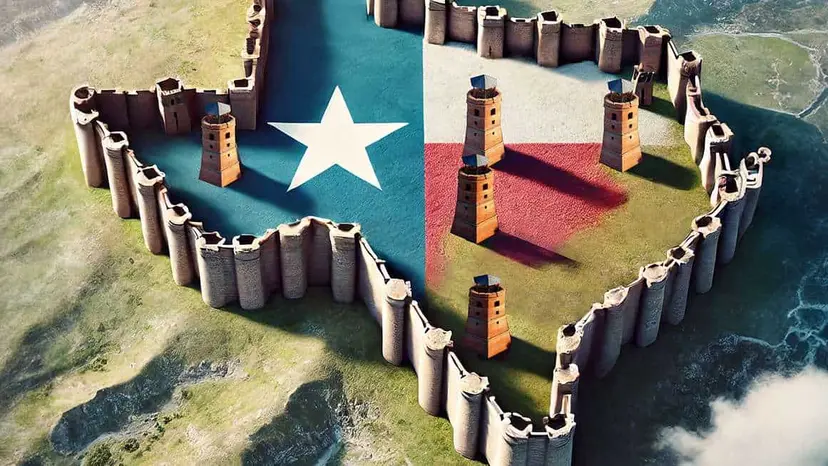 Illustration of the outline of Texas walled in by a stone fortress with watchtowers, painted with the Texas flag.