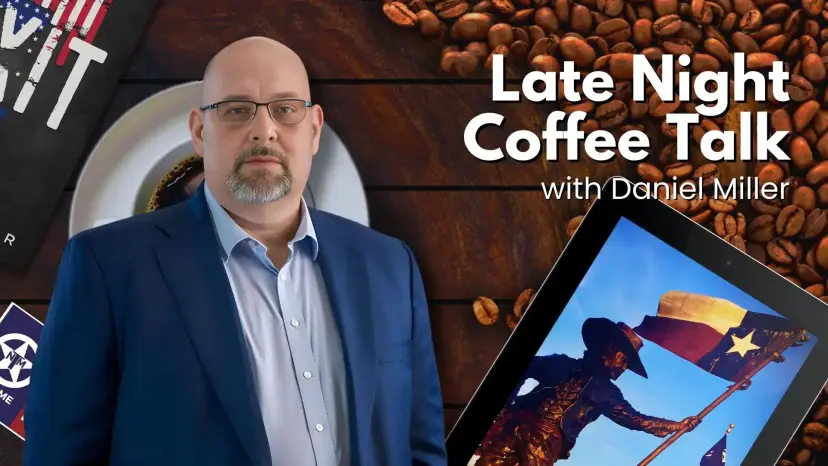 Daniel Miller in a blue blazer beside the 'Late Night Coffee Talk' title and a statue holding a Texas flag.