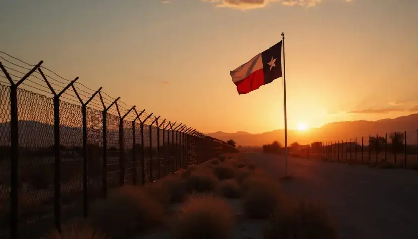 Texas flag flying beside a tall chain link fence topped with barbed wire at sunset.