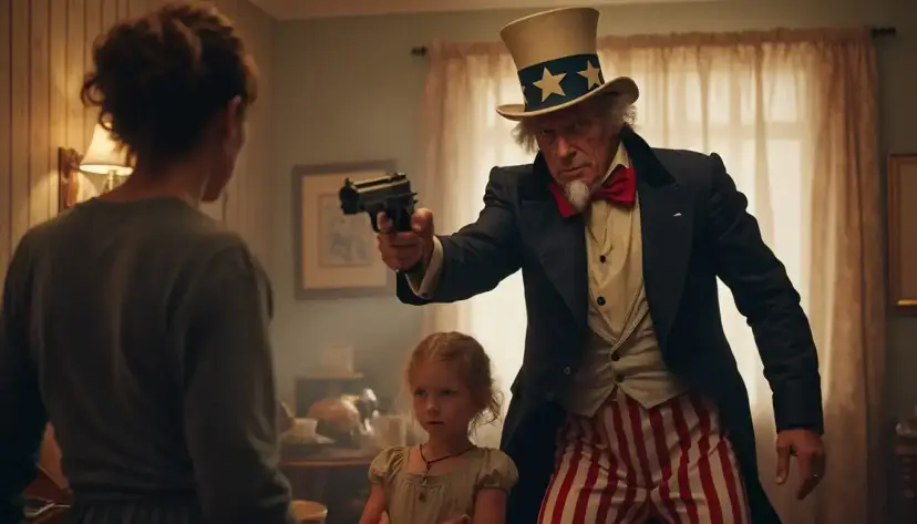 Illustration of Uncle Sam pointing a handgun at a woman and a young girl inside a dimly lit home.