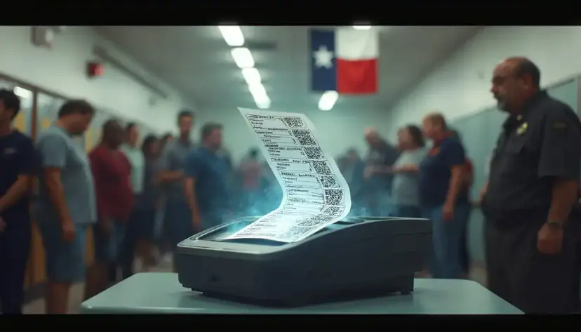A voting machine prints a glowing paper ballot record as voters wait in a hallway with a Texas flag.