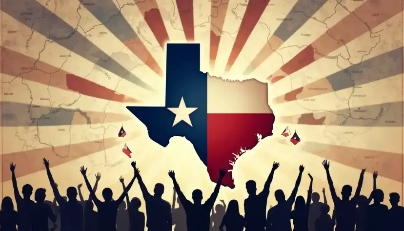 Illustration of a crowd with raised arms before a Texas flag map with sunburst rays.